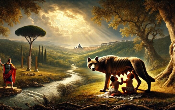 Romulus ve Remus, dişi kurt tarafından emzirilirken; arka planda Roma’nın efsanevi başlangıcını simgeleyen manzara.